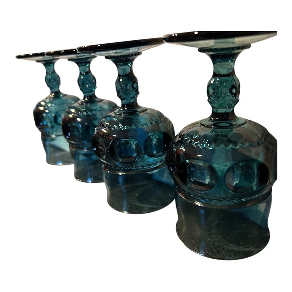 Vintage INDIANA GLASS Kings Crown Thumbprint Teal Goblet Glasses  Set of 4 - Picture 8 of 9